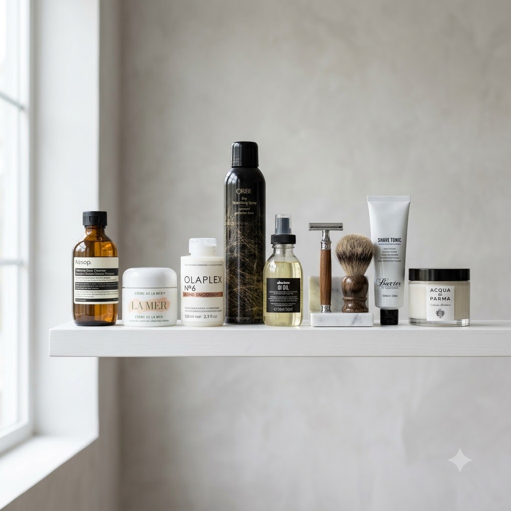 Skincare, haircare, and grooming products arranged on a shelf